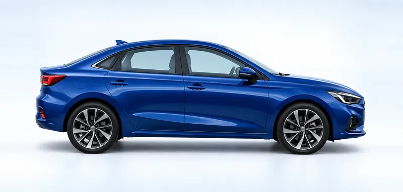 Carro sedã azul visto de lado